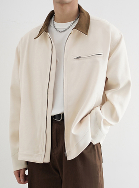 SHIJOIN原创米白色拼接领底特律夹克J97春秋款复古翻领外套200136
