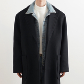 SHIJOIN原创 黑色切斯特大衣羊毛中长款 毛呢平驳领外套秋冬200173