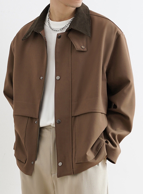 SHIJOIN原创 棕色工装夹克灯芯绒拼接领复古插肩袖男短茄克200131