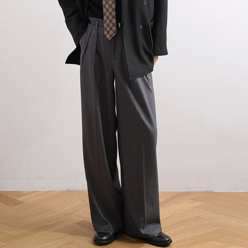 SHIJOIN原创 灰色休闲西裤双褶设计金属扣直筒宽松阔腿长裤200269