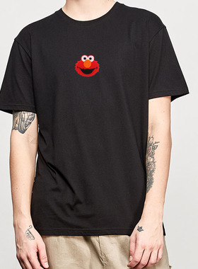 芝麻街刺绣短袖t恤圆领男女情侣装艾摩甜饼怪直筒刺绣图案衣服