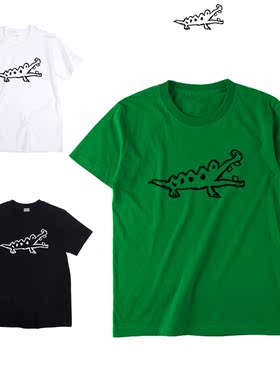 简笔画涂鸦鳄鱼卡通趣味简约短袖白色T恤日系男女装怪味学生夏季