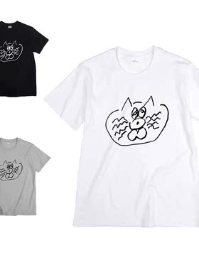 铲屎官上衣趣味可爱百搭小众大圆脸猫涂鸦插画打底t恤男女短袖