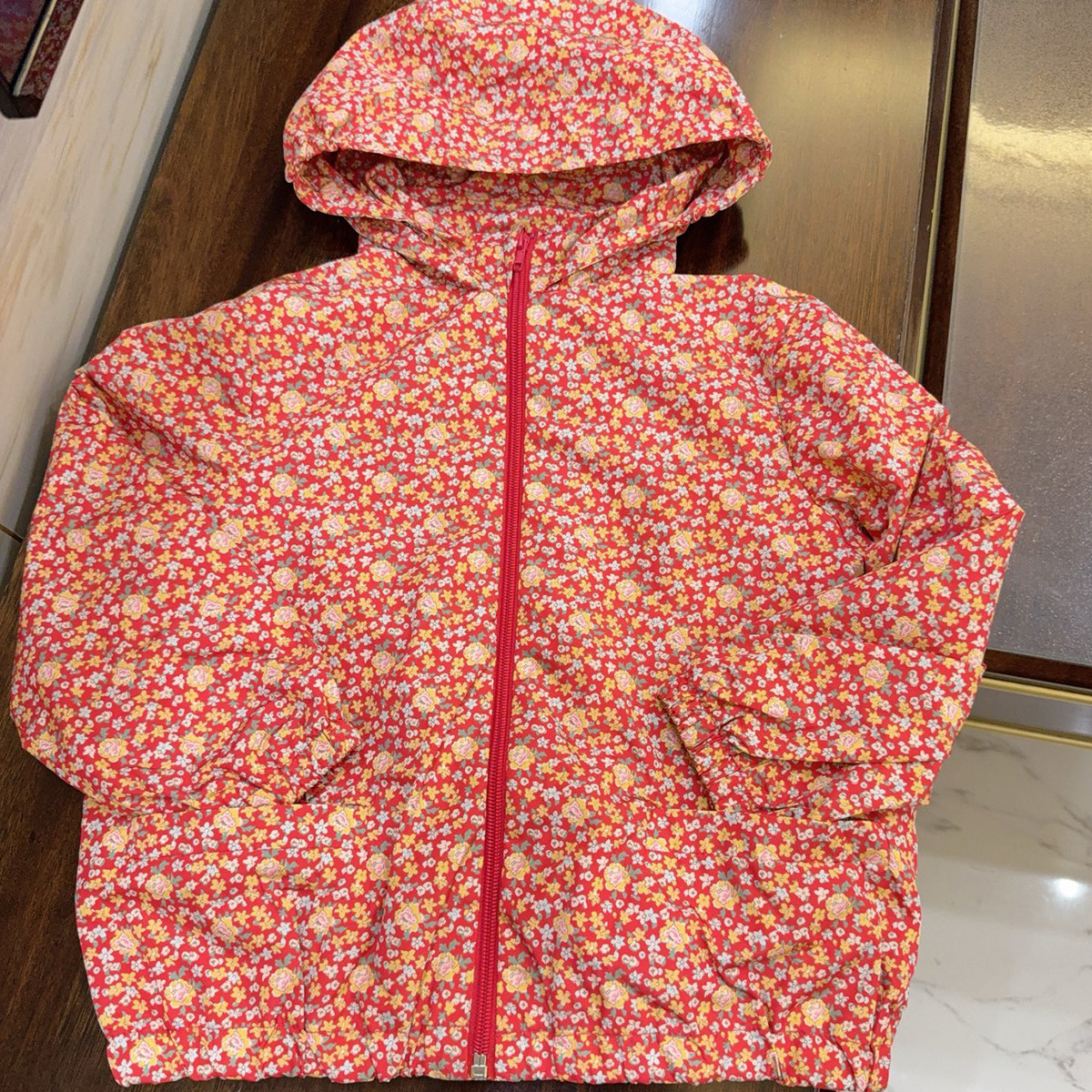 法单春秋新款女孩中小童红色碎花双层连帽风衣拉链衫外套 4-14岁