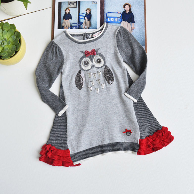 1-2岁 纯原美国单婴童女孩小宝宝猫头鹰珠片长袖毛衣裙针织连衣裙