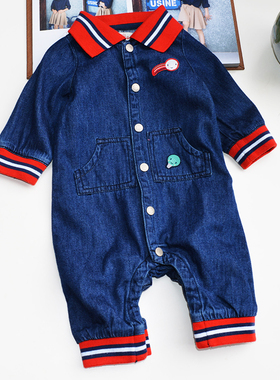 法单DPAM纯原男童新生婴幼儿宝宝软牛仔连体衣爬服外出服哈衣外套