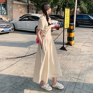 法式甜美简约圆领连衣裙女2025夏季新款韩版收腰显瘦茶歇a字长裙图片