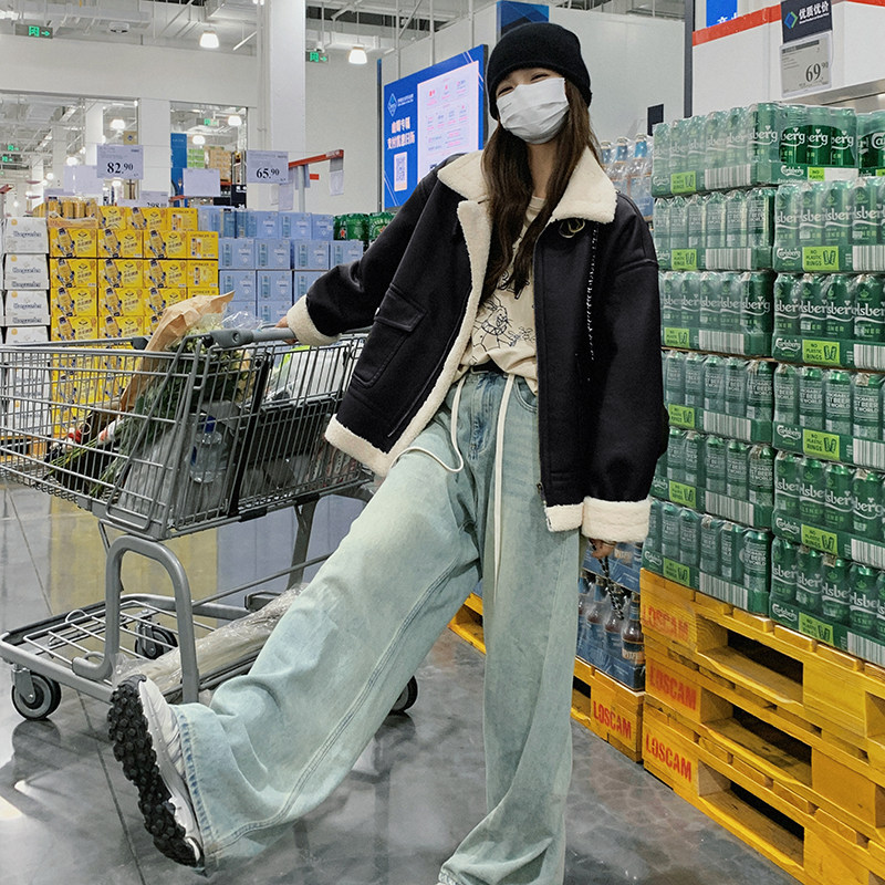 现货黑色羊羔毛pu皮360-P185K268,女装短外套,浙宝251