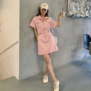 小个子粉色连衣裙女2025夏季新款可盐可甜时尚收腰显瘦衬衫短裙潮图片