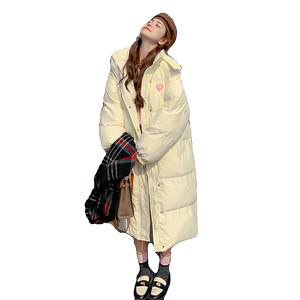 设计感甜美白鸭绒奶黄色中长款羽绒服女冬季加厚爱心连帽面包服潮图片