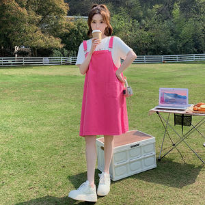 多巴胺韩系chic红龙果色牛仔背带连衣裙女夏薄款好看慵懒宽松长裙,纯色通勤系穿搭图片