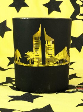 复古欧式迪拜dubai城市风景黑色磨砂土豪金色镜面玻璃杯水杯口杯