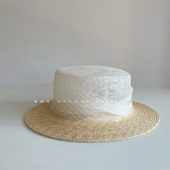 帽帽家 春夏新款 复古平顶遮阳礼帽出游度假优雅气质麻纱麦秆草帽