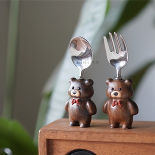 Joe可爱小熊叉勺套装 水果叉子勺子食品级不锈钢儿童餐具高颜值