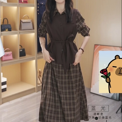 两件套长袖连衣裙+马甲格子套装美拉德色系淡人穿搭2025秋季新款