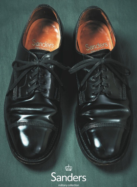 Sanders复古军事线低帮皮鞋男亮面植鞣革牛皮1128德比鞋英国制造
