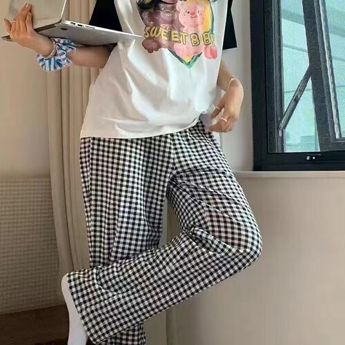 显瘦薄款夏季居家人棉绵绸睡裤九分加大码宽松休闲格子家居裤ins