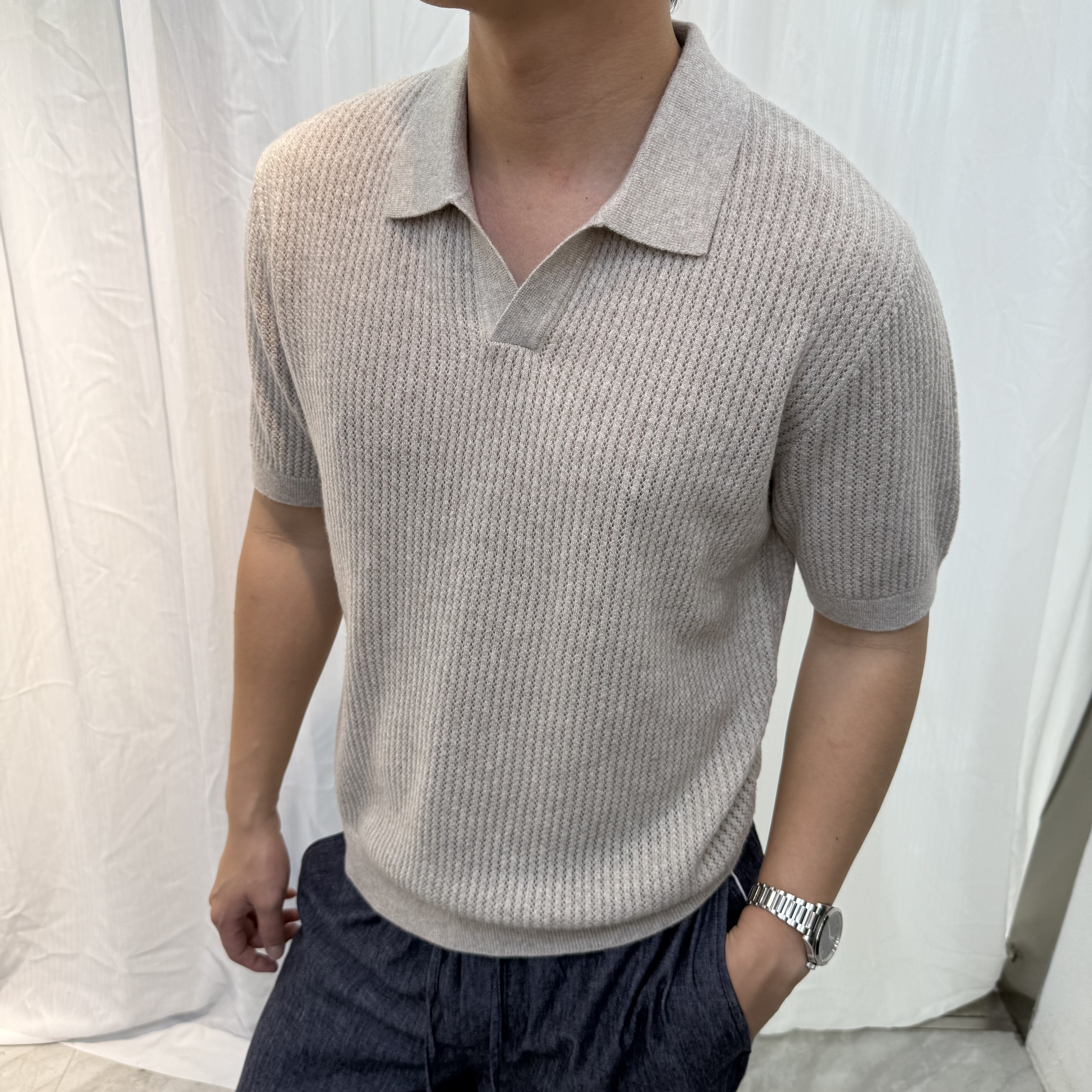 松弛感老钱风海鸥领短袖POLO衫男款上衣羊绒羊毛镂空纯色针织衫潮