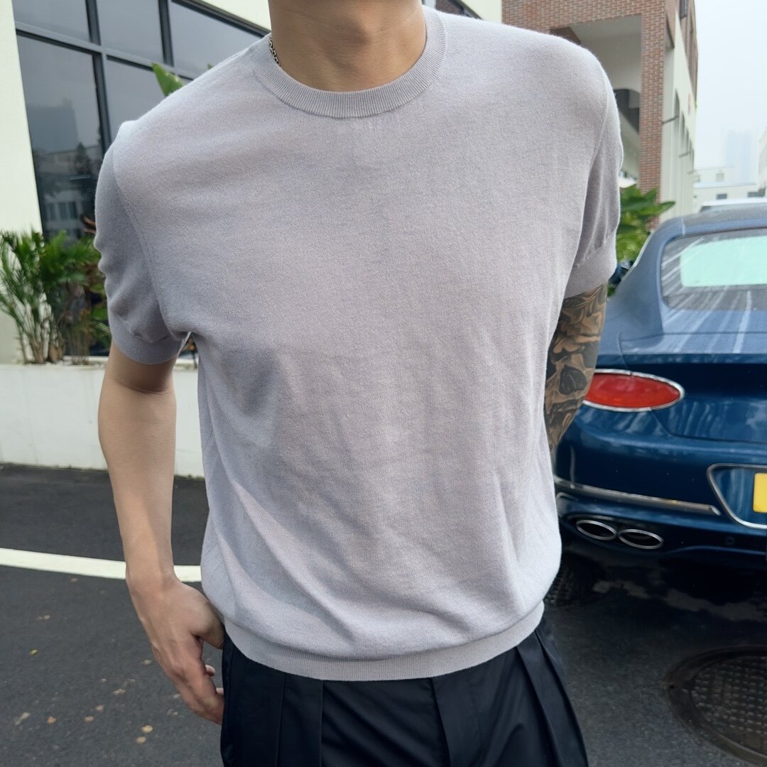 老钱风松弛感薄款圆领针织衫男士桑蚕丝羊毛纱混纺轻盈短袖上衣