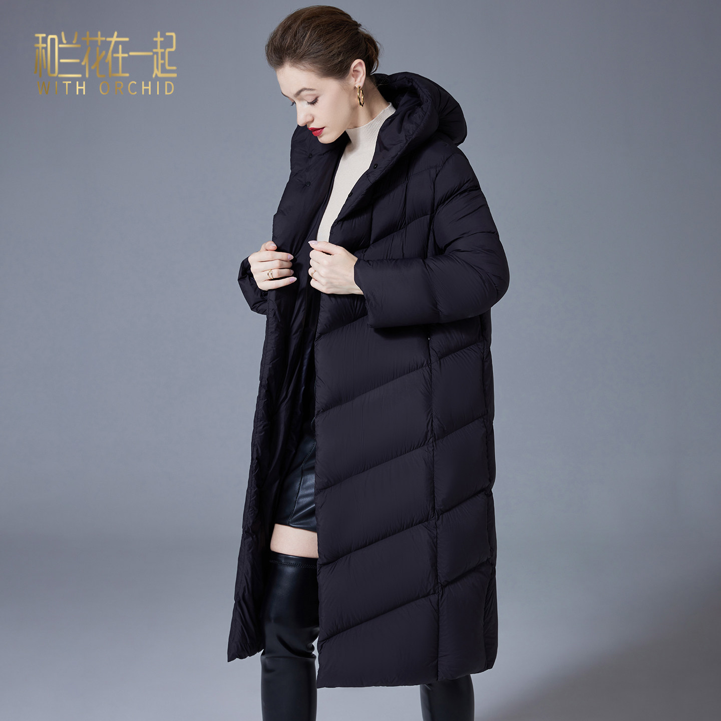 冬季女过膝连帽加厚白鸭绒羽绒服