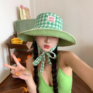 韩国网红格子系带大帽檐渔夫帽女夏天遮阳防晒盆帽女双面戴太阳帽