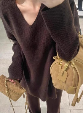 现货~WANGHONG冬洋气韩版老钱风慵懒许妍机场穿搭华夫格毛衣套装