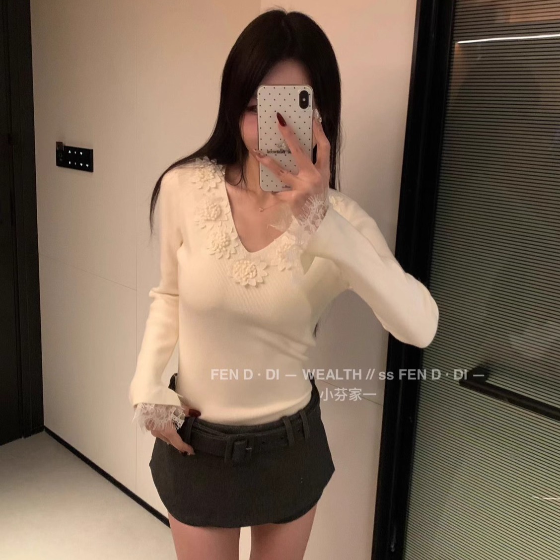 现货~小芬家FEN家秋冬富家千金甜美立体花朵V领针织衫蕾丝袖口