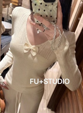 现货~韩版秋冬新款都市富家女纯欲甜美V领蝴蝶结针织衫显瘦打底