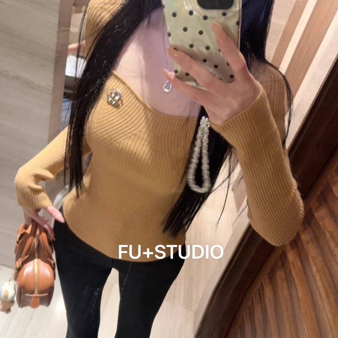 现货~韩版秋冬新款纯欲辣妹法式方领设计感修身显瘦针织衫打底