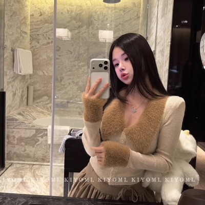 韩版纯欲水貂毛大翻领针织开衫