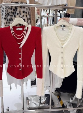 现货~KIYOMI实拍韩版纯欲辣妹波点撞色V领毛毛袖口针织毛衣开衫
