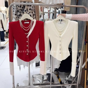 口针织毛衣开衫 纯欲辣妹波点撞色V领毛毛袖 KIYOMI实拍韩版 现货