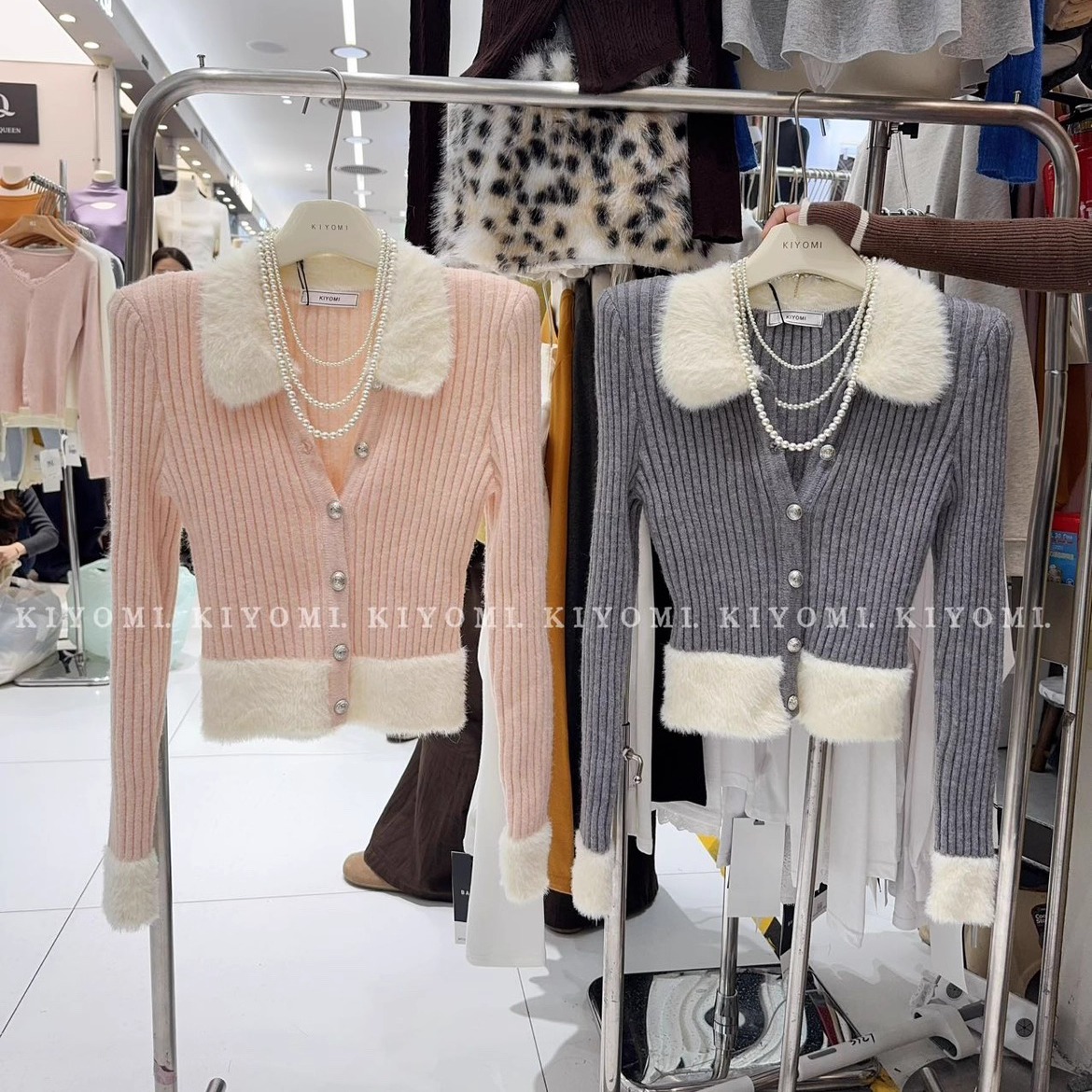 现货~KIYOMI实拍韩版纯欲辣妹撞色拼接小香风绵羊绒针织毛衣开衫