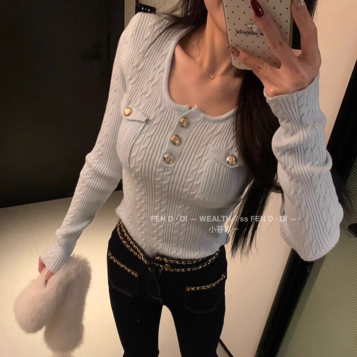 现货~小芬家FEN家秋冬富家千金小香风圆领麻花针织衫显瘦打底毛衣