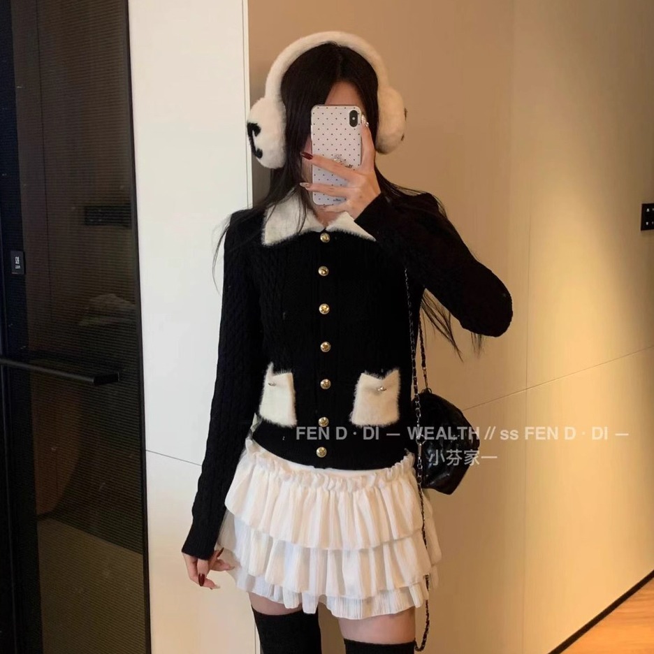 现货~小芬家FEN家秋冬富家千金小香风撞色拼接羊绒拼貂毛毛衣开衫