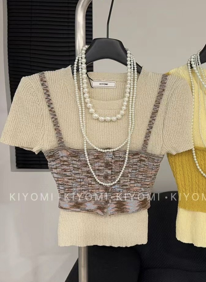 甜美纯欲辣妹短袖T恤假两件撞色