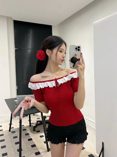 T恤 时髦甜美纯欲蕾丝花边拼接一字肩露肩冰丝短袖 2024SS夏季 新款