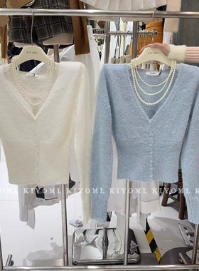 现货~KIYOMI实拍韩版纯欲辣妹冬日暖阳V领蕾丝花边软糯针织衫毛衣