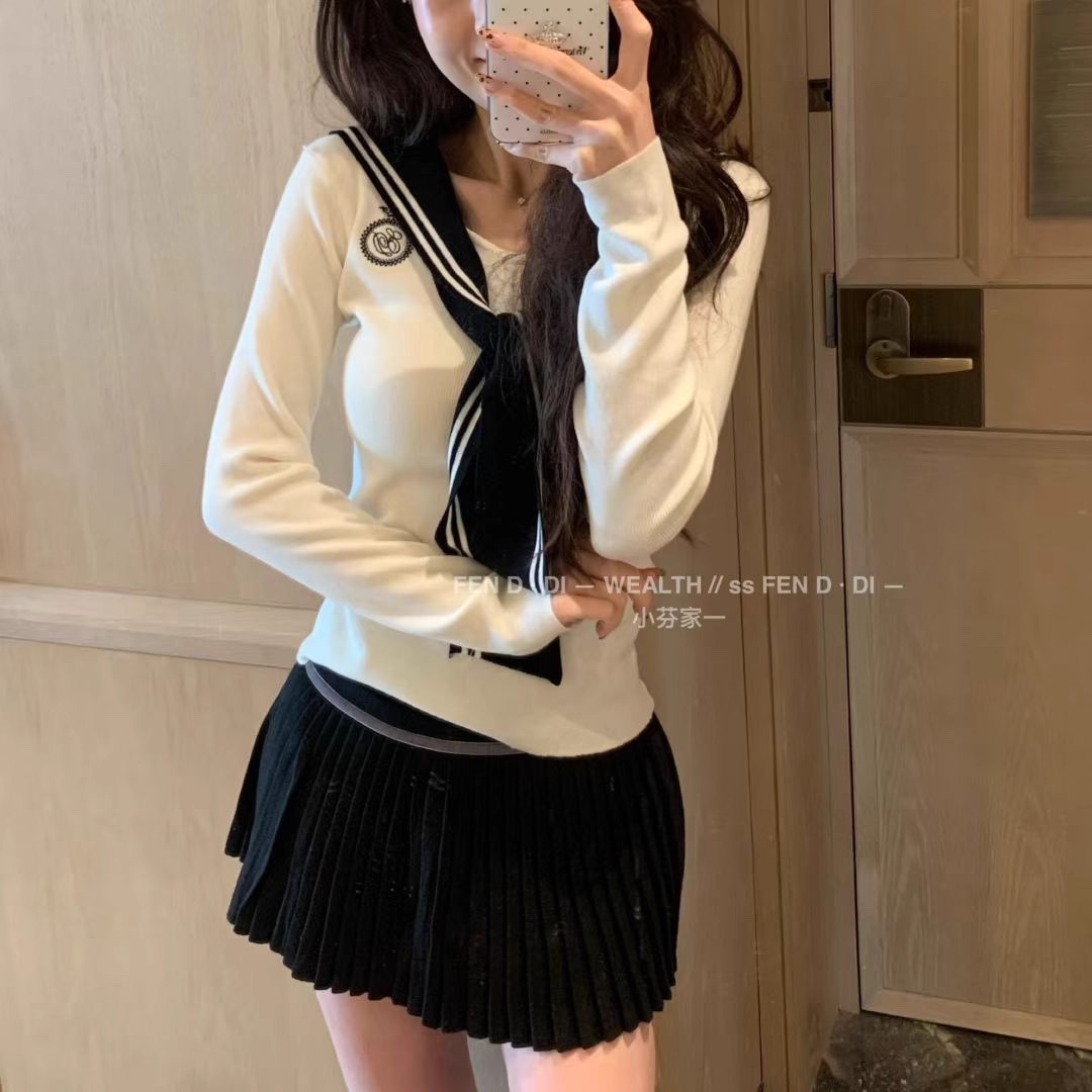 现货~小芬家FEN家秋冬富家千金垫肩显瘦海军领假两件长袖针织衫