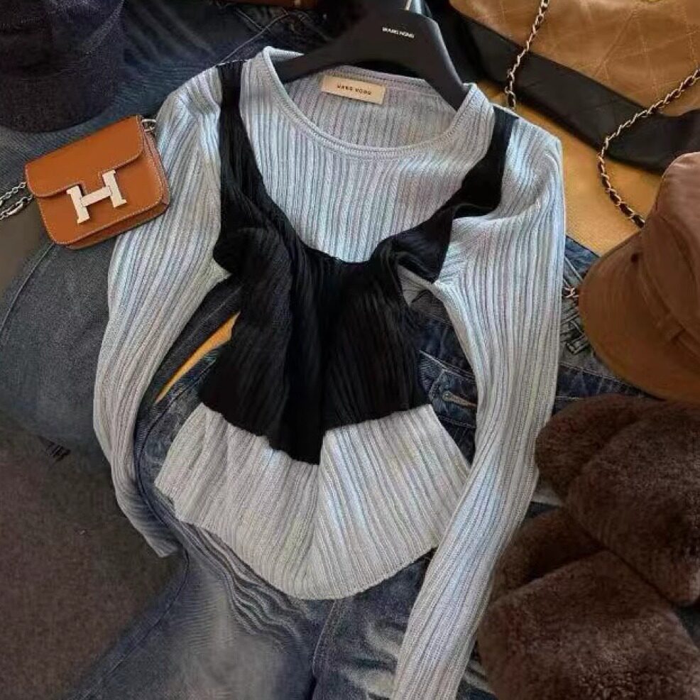 miu系韩里韩气秋冬新款老钱风撞色背心拼接长袖针织衫显瘦打底衫