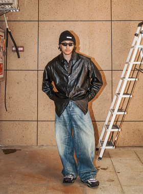 SEVENMF「时髦皮外套」复古做旧皮外套街头翻领廓形休闲夹克