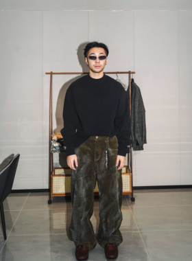 SEVENMF「复古做旧款」橄榄绿灯芯绒阔腿裤 宽松垂感直筒休闲裤男