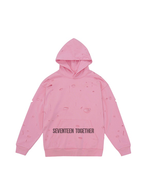 SEVENMF猛男粉红双层薄款高街连帽卫衣男女美式复古破坏破洞内搭