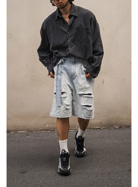 SEVENMF「重磅款」水洗破坏牛仔短裤腰带个性街头感百搭五分裤男