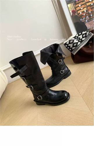17年老店韩国厚底真皮增高马丁靴女长筒靴2025新款扣饰两穿骑士靴