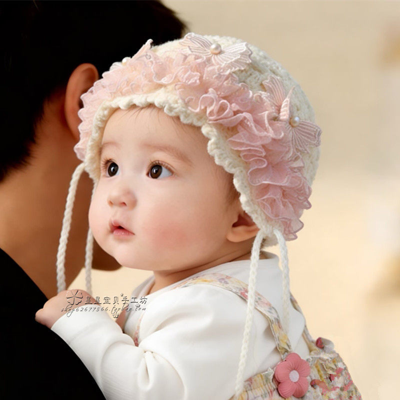 高端婴儿百天帽手工编织女宝宝蕾丝花边公主出片帽春秋钩花新生帽