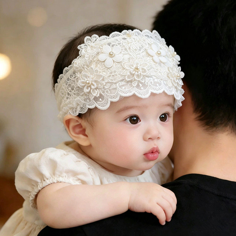 婴儿蕾丝花朵发带女宝宝0-2岁可爱珍珠装饰头饰新生儿护囟门夏季