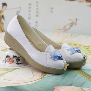 手工串珠玉兰花素色平底绣花鞋汉服鞋松糕底四季民族风