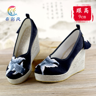 禅意淡雅绣花鞋 民族风布鞋 浅口透气圆头坡跟手工套脚黑色素色单鞋