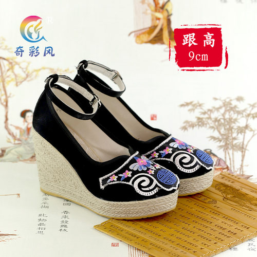 高跟民族风撞色复古绣花鞋